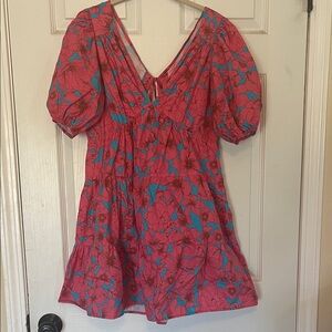 XiRENA Nissa Floral Paisley Aster Cotton Side Pocket Pink and Blue Mini Dress